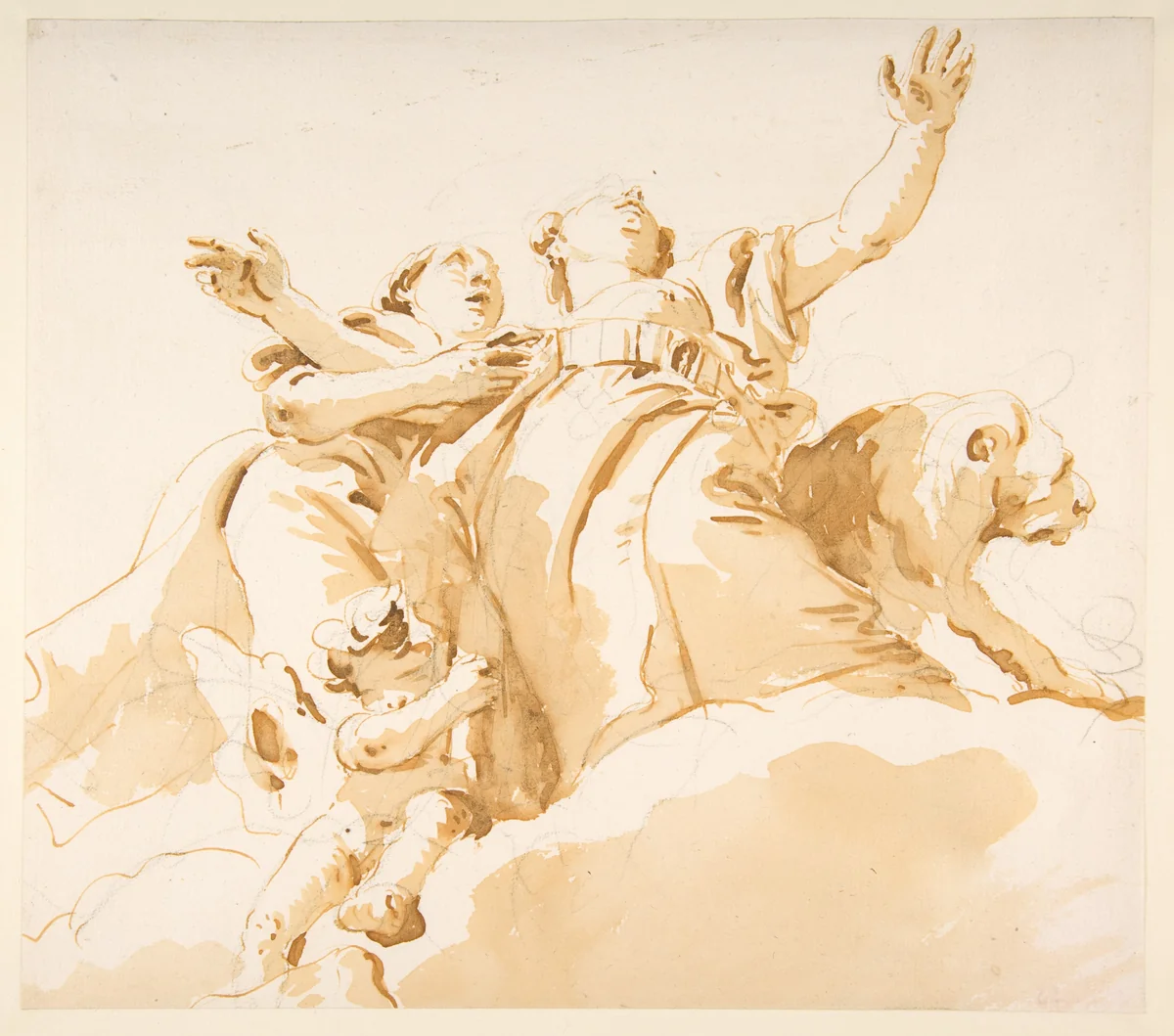 Two Women, a Lion, and a Putto on Clouds by Giovanni Battista Tiepolo, drawing, 1696-1770