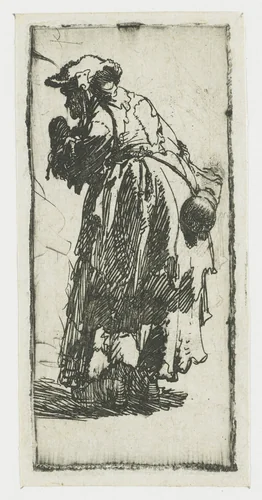 Old beggar woman with a gourd by Rembrandt van Rijn, print, 1629