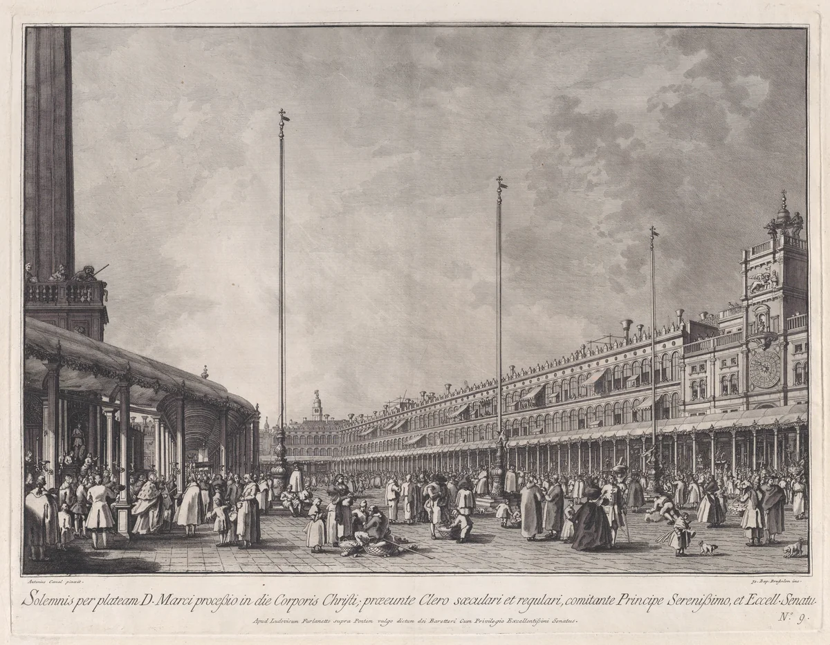 Plate 9: Procession on Corpus Christi Day in the Piazza San Marco, from 'Ducal Ceremonies and Festivals' (Le Feste Ducali) by Giovanni Battista Brustolon, print, 1746-1786