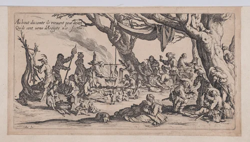 Le Halte des Bohémiens: Les Apprêts du Festin (The Gypsy Stopover: The Preparations for the Feast) , from "Le Bohémiens, série appelée aussi Les Égyptiens, La Marche des Bohémiens, La Vie Errante des Bohémiens, Les Marches Égyptiennes" (The Gypsies, series also called The Egyptians, The Gypsy Troops, The Wandering Lives of Gypsies, The Egyptian Troops) by Jacques Callot, print, 1610-1635