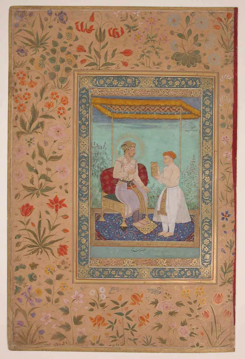 "Jahangir and His Vizier, I'timad al-Daula", Folio from the Shah Jahan Album by Manohar, manuscript, 1505-1640