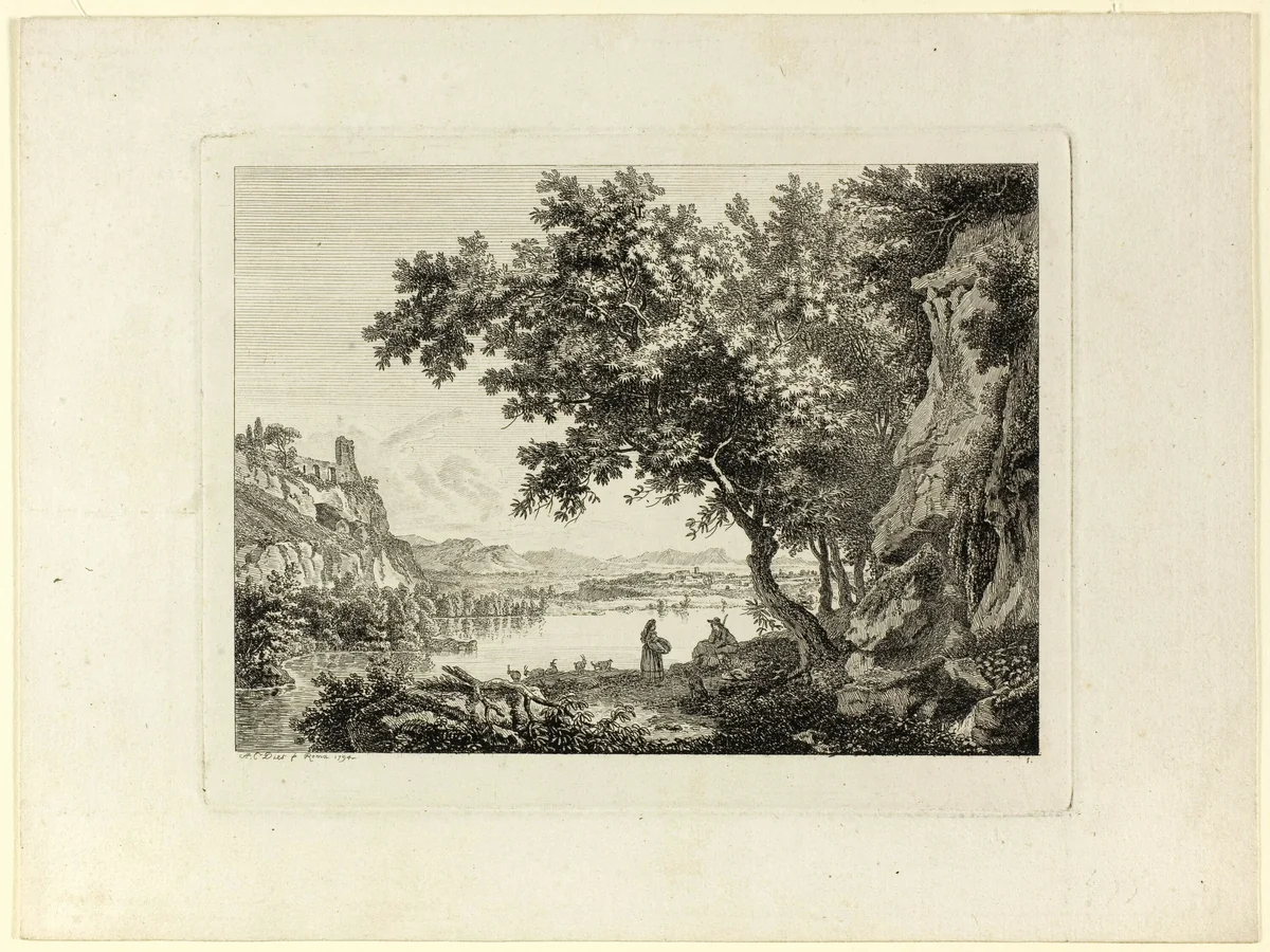 Lake Nemi by Albert Christoph Dies, print, 1794
