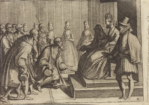 Margaret of Austria Giving Audience to a Nobleman [verso] by Raffaello Schiaminossi, print, 1612