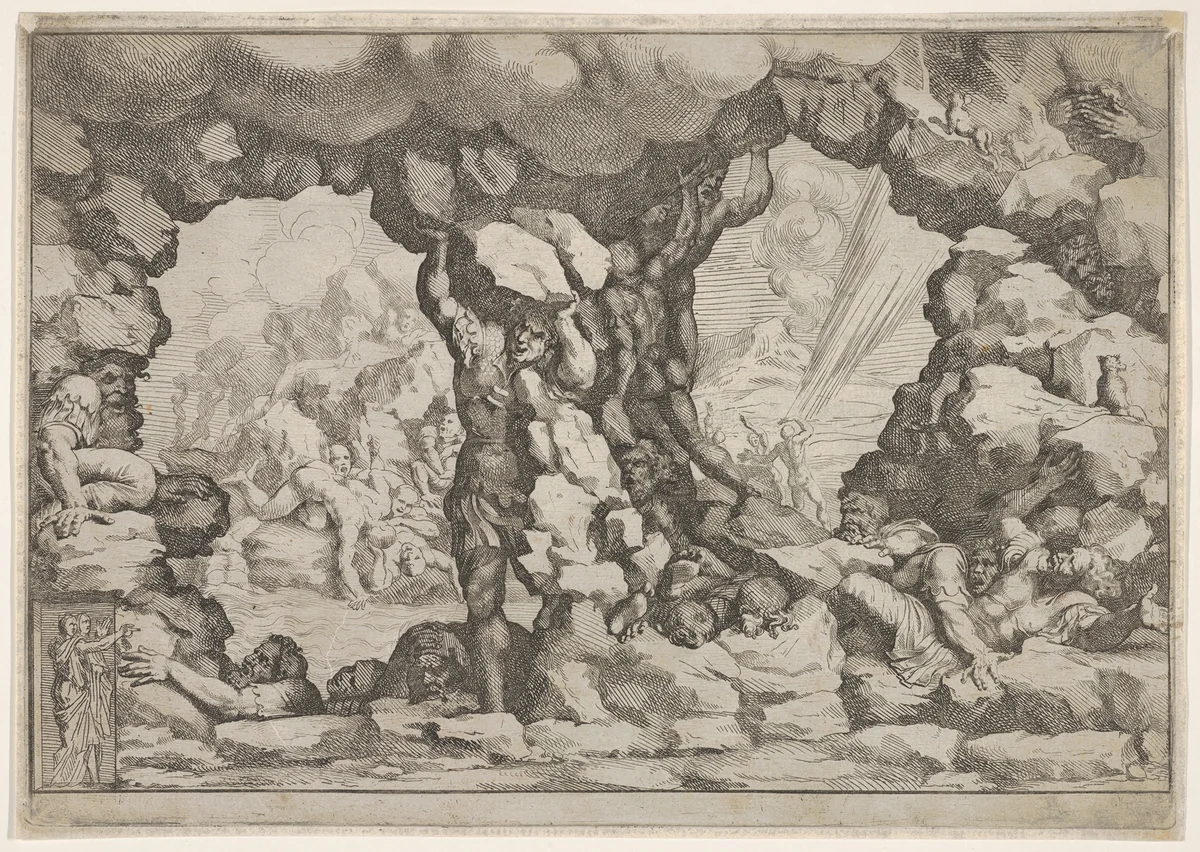 A giant heaving a boulder at center, other giants to left and right struggling and recoiling against impending boulders, nude figures climbing rocks and struggling in the background, from "Giove che fulmina li giganti", after the frescoes on the ceiling of the Sala dei Giganti designed by Giulio Romano for the Palazzo del Te, Mantua by Pietro Santi Bartoli, print, 1675-1685