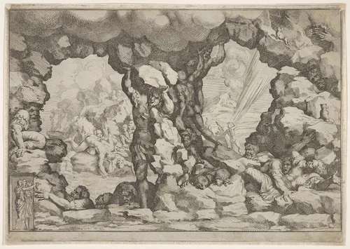 A giant heaving a boulder at center, other giants to left and right struggling and recoiling against impending boulders, nude figures climbing rocks and struggling in the background, from "Giove che fulmina li giganti", after the frescoes on the ceiling of the Sala dei Giganti designed by Giulio Romano for the Palazzo del Te, Mantua by Pietro Santi Bartoli, print, 1675-1685