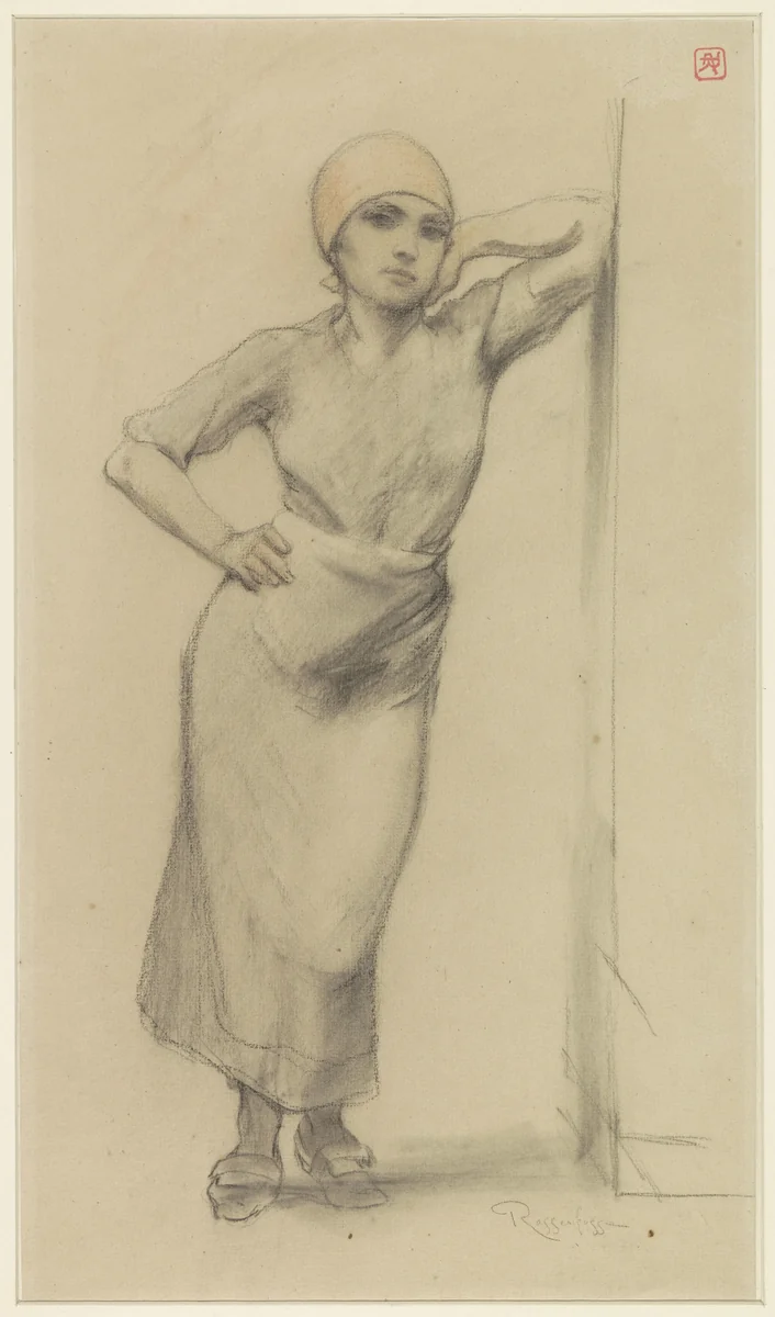Staand fabrieksmeisje tegen de post van een deur leunend by Armand Rassenfosse, drawing, 1872-1934