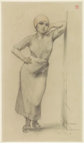 Staand fabrieksmeisje tegen de post van een deur leunend by Armand Rassenfosse, drawing, 1872-1934