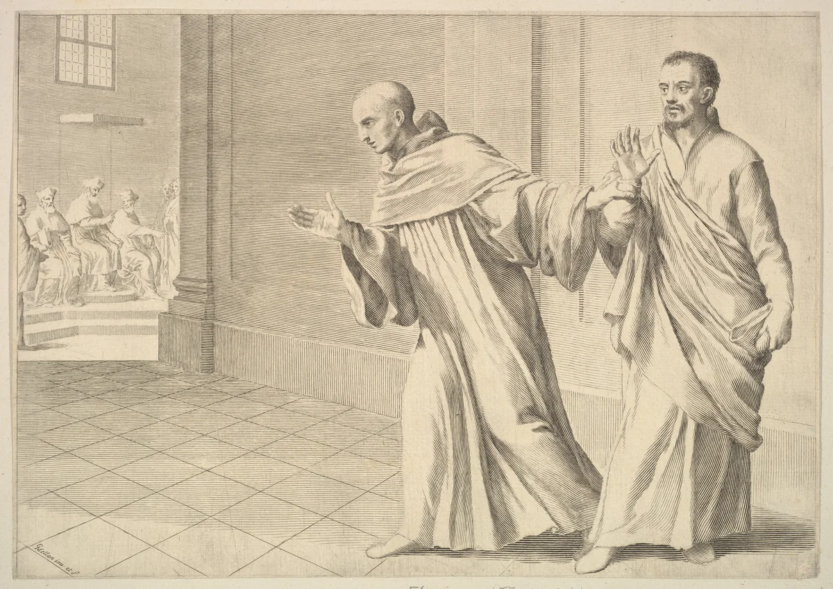St. Bernard Taking a Brother to an Assembly by Claude Mellan, print, 1600-1688