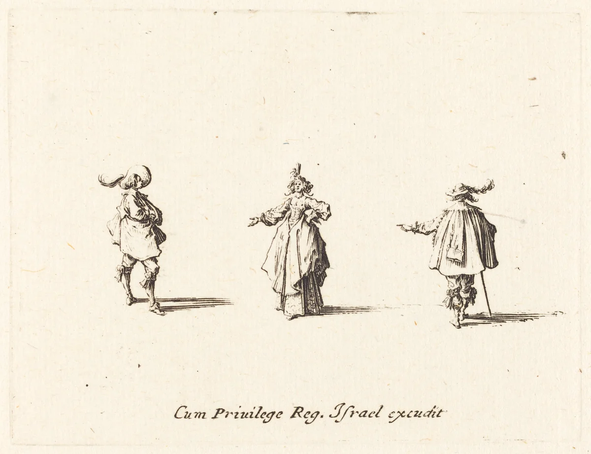 Lady with Outstretched Arm, and Two Gentlemen by Jacques Callot, print, 1628-1638