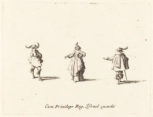 Lady with Outstretched Arm, and Two Gentlemen by Jacques Callot, print, 1628-1638