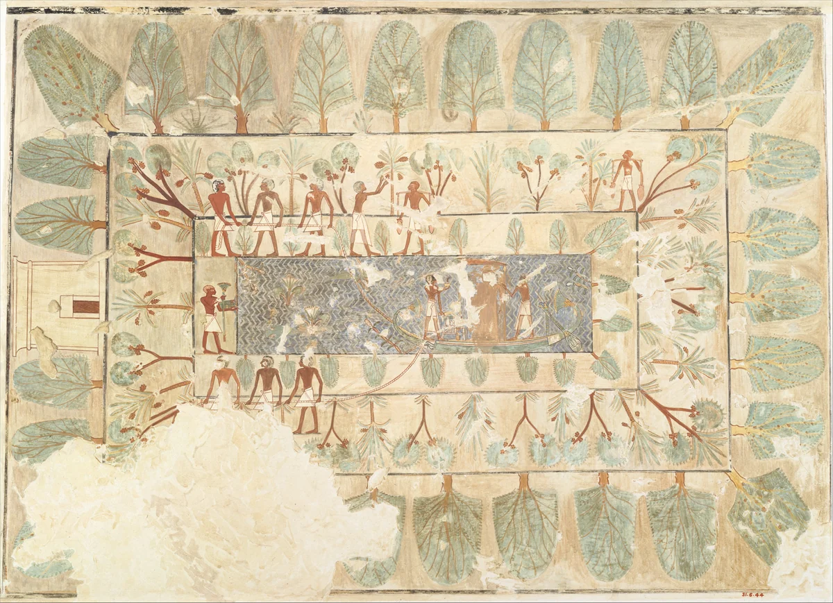 Deceased Being Towed in a Boat, Tomb of Rekhmire by Nina de Garis Davies, artwork, -1504