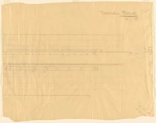 German Pavilion, International Exposition, Barcelona, Spain (Plan, elevations, travertine bench) by Ludwig Mies van der Rohe, mies van der rohe archive, 1928