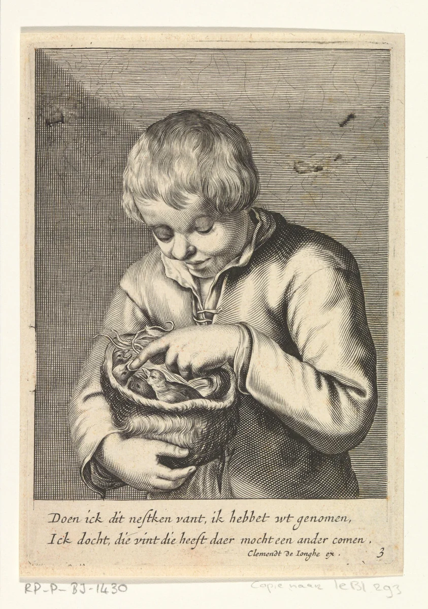 Jongen met vogelnestje by anonymous, print, 1640-1670
