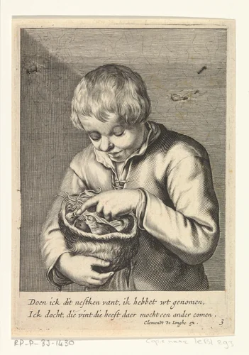Jongen met vogelnestje by anonymous, print, 1640-1670