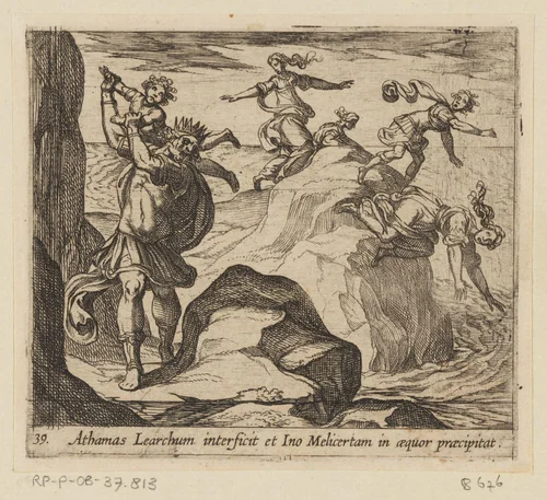 Learchus gedood door Athamas, terwijl Ino en Melicertes in zee springen by Antonio Tempesta, print, 1606