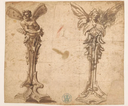 Twee ontwerpen voor gevleugelde hermen by Pierre Puget, drawing, 1630-1694