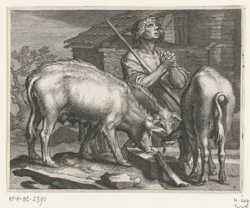 Verloren zoon als varkenshoeder met varkens bij trog by Boëtius Adamsz. Bolswert, print, 1611