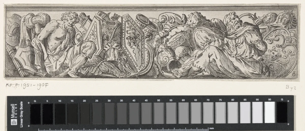 Fries met drie geboeide mannen (krijgsgevangenen of slaafgemaakten) en wapens by Unknown, print, 1583-1638