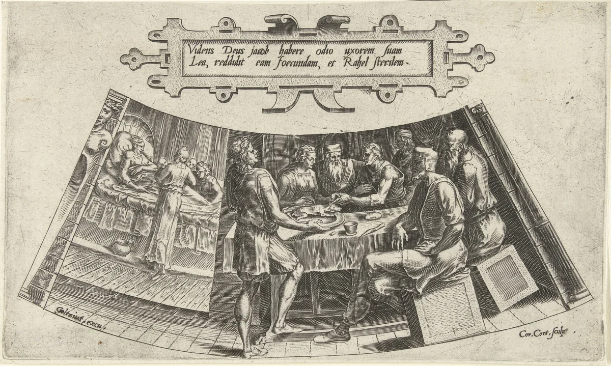 Het huwelijk van Jakob en Lea en de geboorte van hun eerste  kind by Unknown, print, 1563-1601