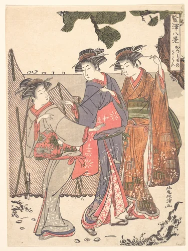 Three Women Standing on the Seashore by Kitao Masanobu (北尾政演), print, 1761-1816
