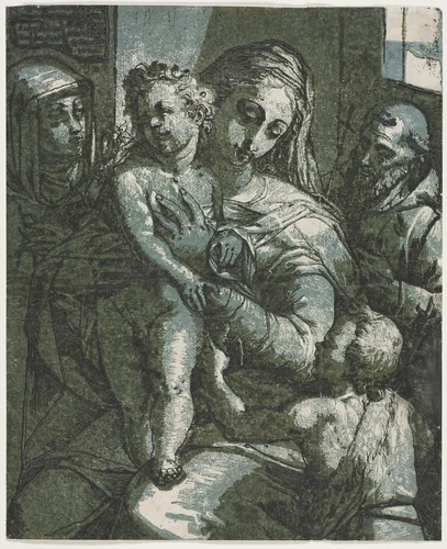 Virgin and Child with St. John, St. Catherine of Siena and Saint Francis by Andrea Andreani, print, 1585