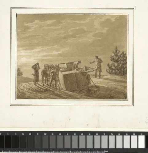 Reizigers bij omgevallen koets in landschap bij maanlicht by Benjamin Zix, drawing, 1782-1811