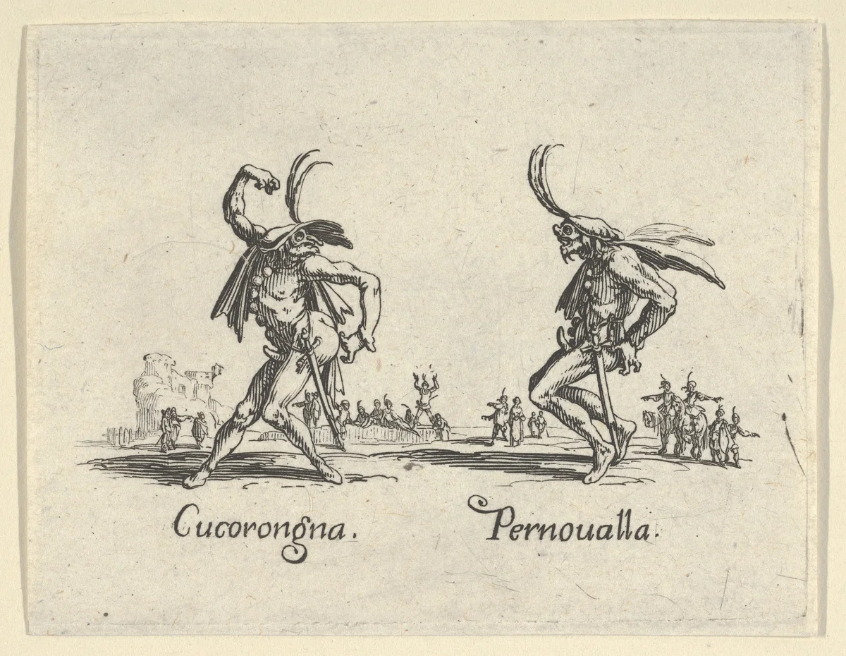 Cucorongna - Pernoualla, from "Balli di Sfessania" (Dance of Sfessania) by Jacques Callot, print, 1622