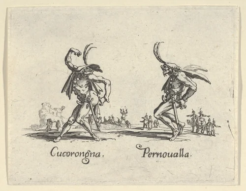Cucorongna - Pernoualla, from "Balli di Sfessania" (Dance of Sfessania) by Jacques Callot, print, 1622