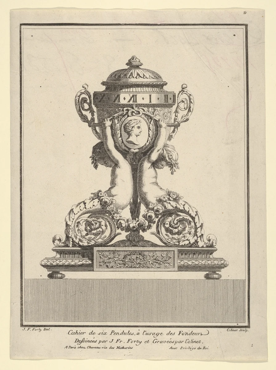 Design for a Clock, Title Page to 'Cahier de six Pendules' by Jean François Forty, print, 1770