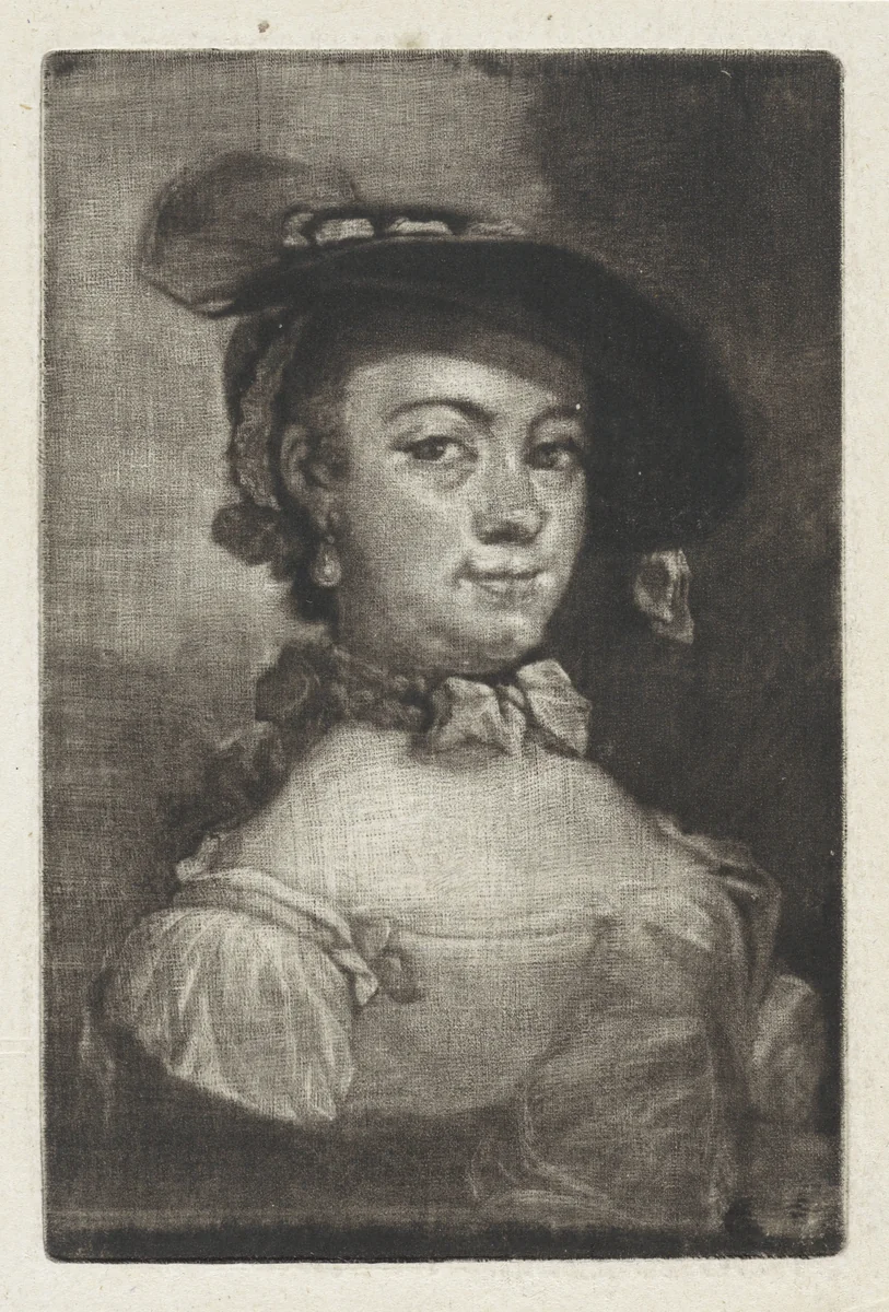 Buste van een vrouw met een hoed by Aert Schouman, print, 1720-1792