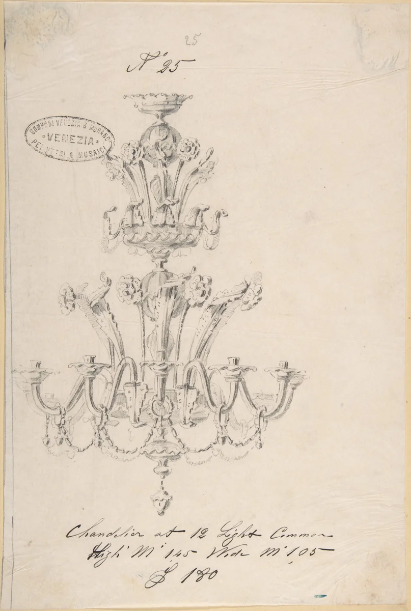 One of Twenty-Three Sheets of Drawings of Glassware (Mirrors, Chandeliers, Goblets, etc.) by Compagnia di Venezia e Murano, drawing, 1850-1880