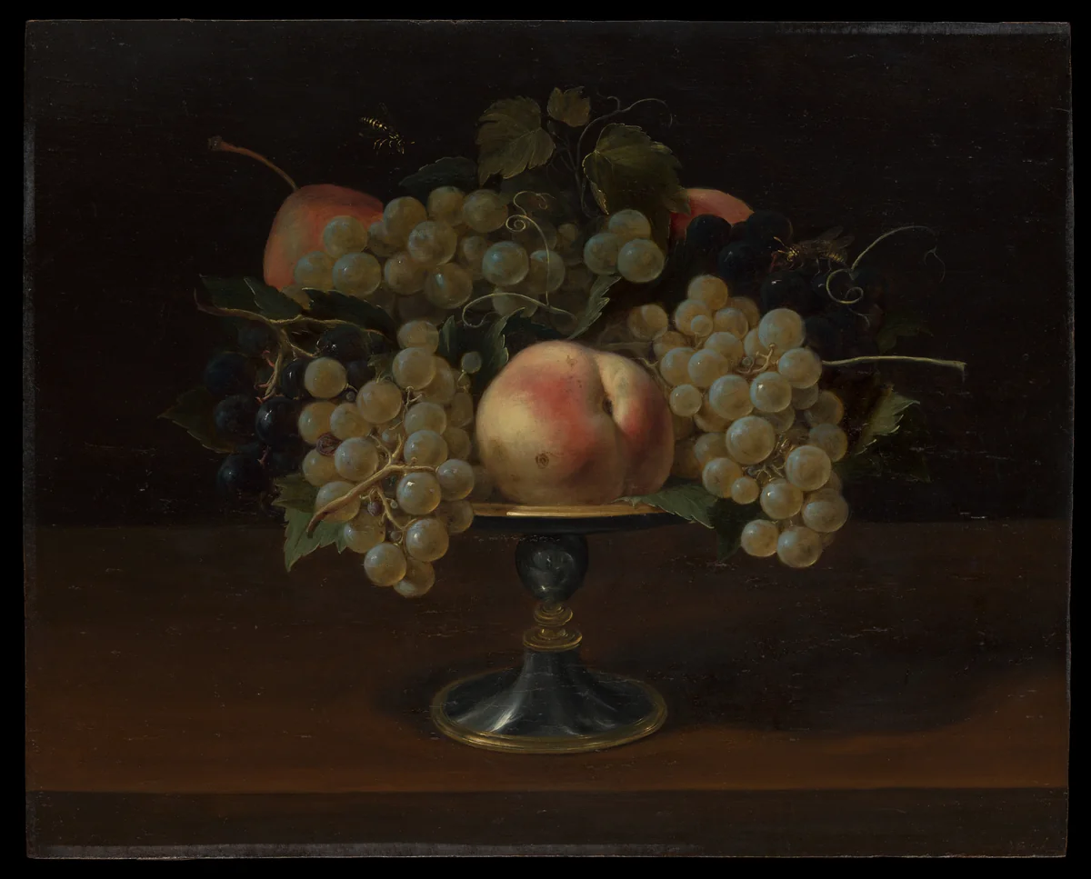 Still Life of Grapes and Peaches by Panfilo Nuvolone, painting, 1612-1622