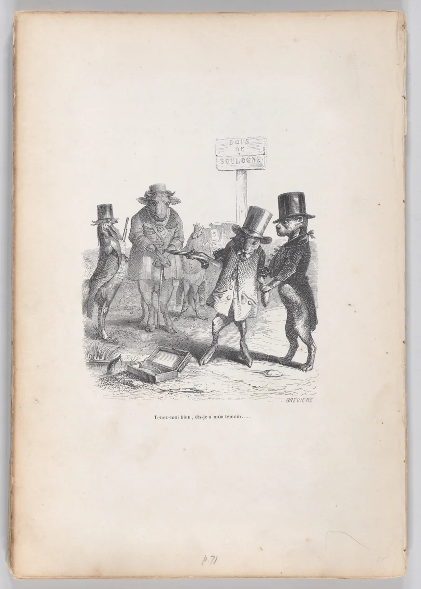 Hold on to me, I am telling my witness..., from "Scenes from the Private and Public Life of Animals" by J. J. Grandville, print, 1832-1852