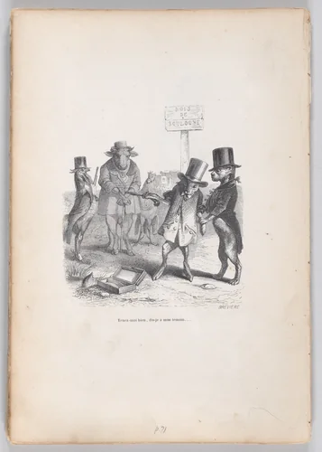 Hold on to me, I am telling my witness..., from "Scenes from the Private and Public Life of Animals" by J. J. Grandville, print, 1832-1852