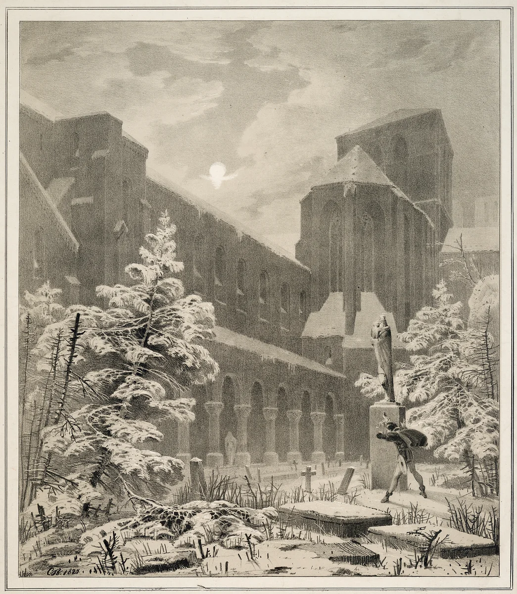 Church and Graveyard in the Snow by Moonlight by Carl Blechen, print, 1827