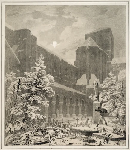 Church and Graveyard in the Snow by Moonlight by Carl Blechen, print, 1827