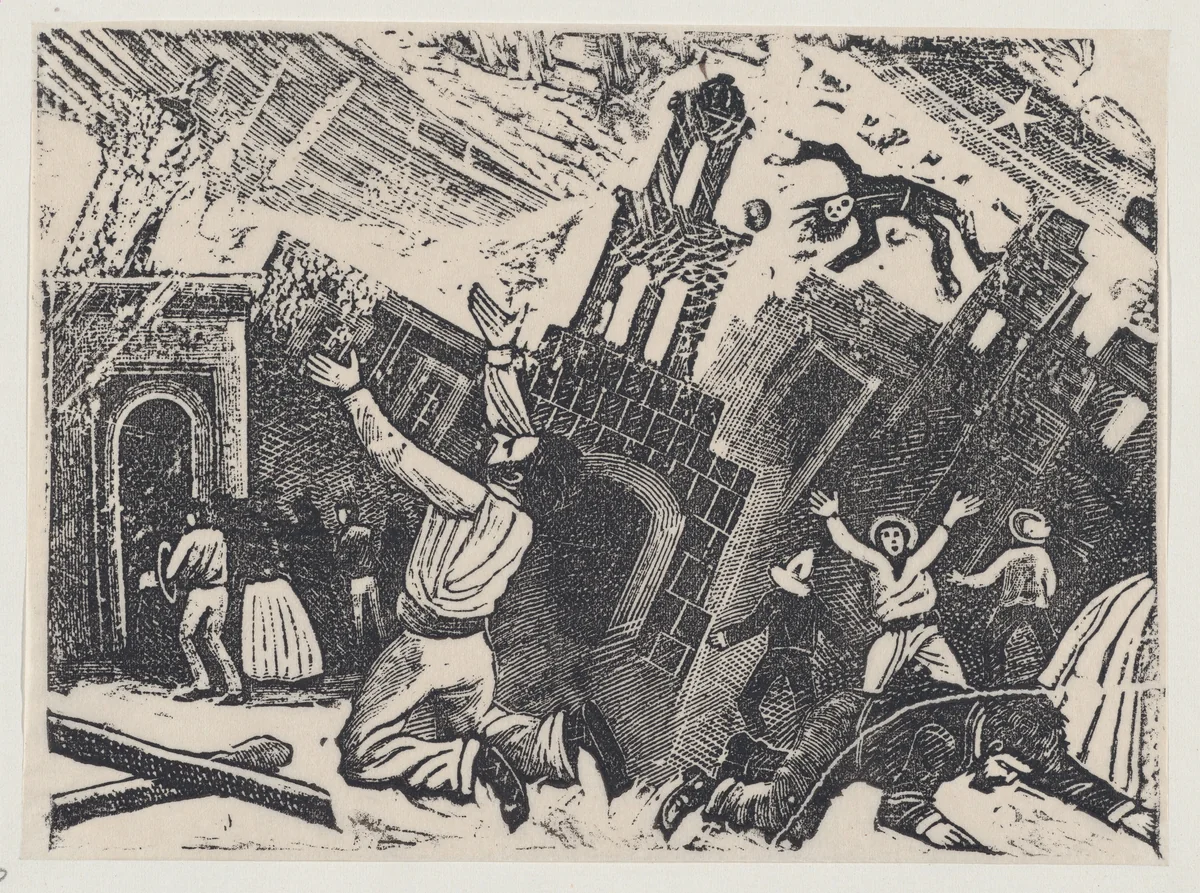 Chaos during an earthquake by José Guadalupe Posada, print, 1889-1899