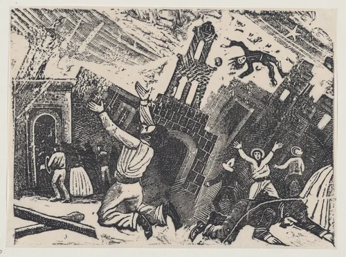 Chaos during an earthquake by José Guadalupe Posada, print, 1889-1899