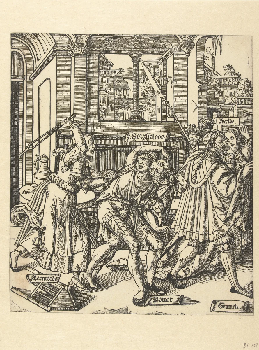 De verdrijving van Sorgheloos by Cornelis Anthonisz, print, 1541