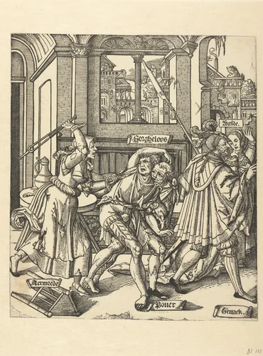 De verdrijving van Sorgheloos by Cornelis Anthonisz, print, 1541