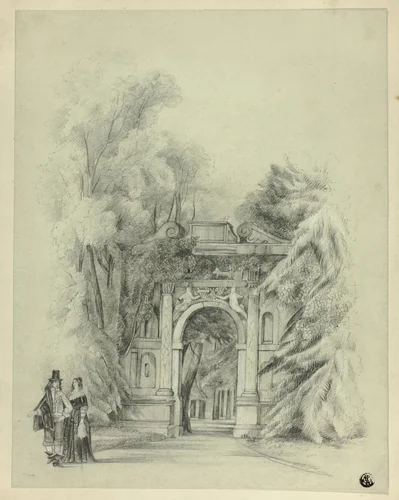 Couple in 17th Century Dress Standing Before Entrance to Park by Charles de Anson, drawing, 1864