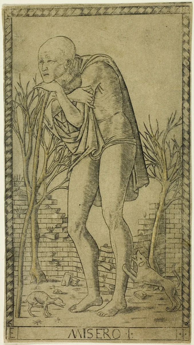 The Beggar, plate one from The Ranks and Conditions of Men by Master of the E-Series Tarocchi, print, 1460-1470