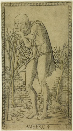 The Beggar, plate one from The Ranks and Conditions of Men by Master of the E-Series Tarocchi, print, 1460-1470