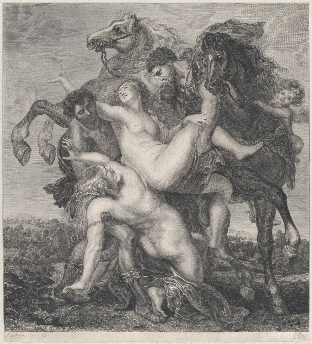 Phoebe and Hilaeria, the daughters of Leucippus, being abducted by Castor and Pollux by anonymous, print, 1745-1805