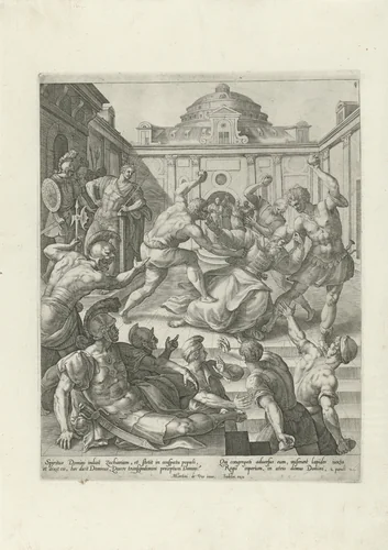 Zecharja wordt gestenigd by Unknown, print, 1582