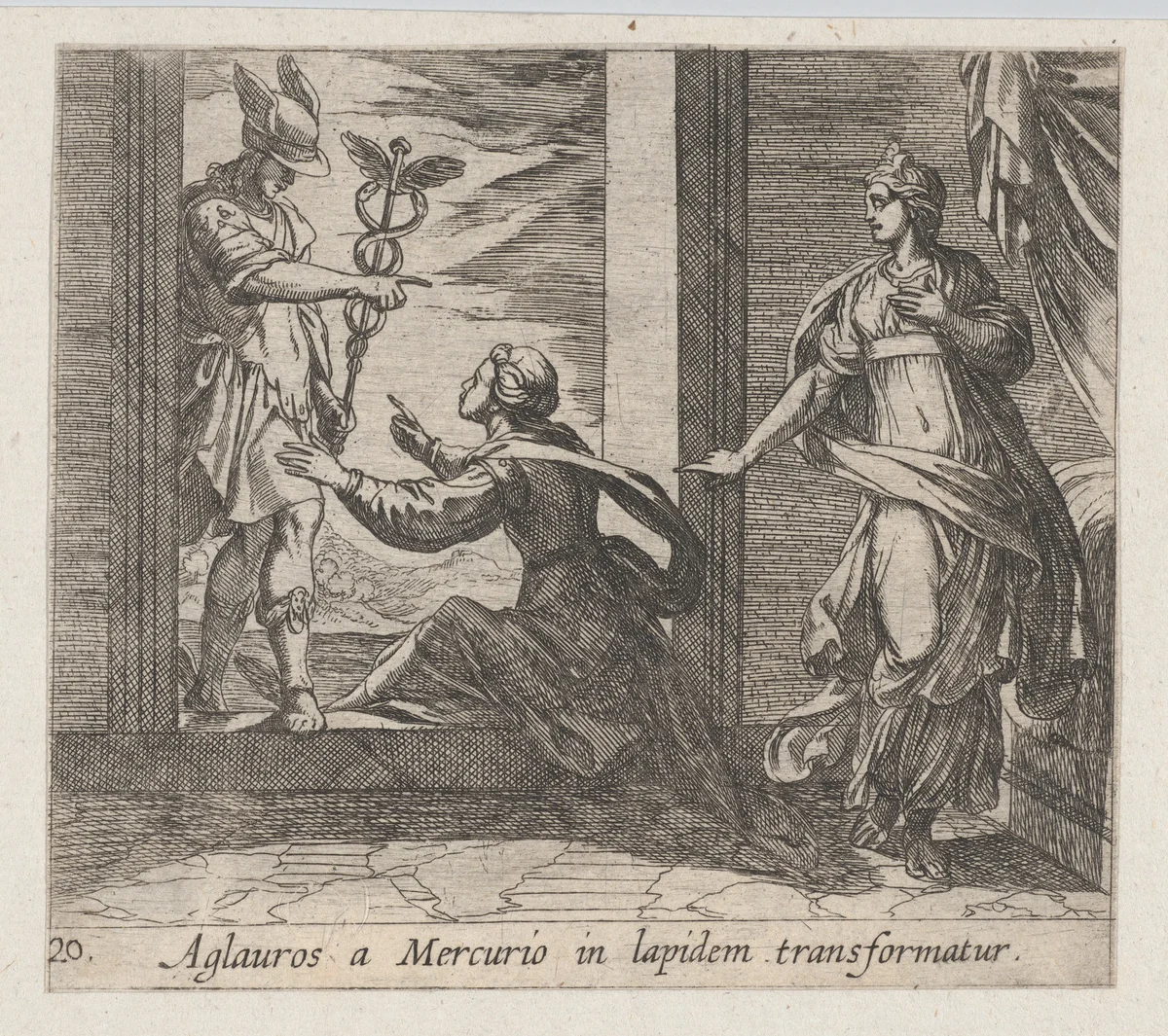 Plate 20: Mercury Turning Aglauros to Stone (Aglauros a Mercurio in lapidem transformatur), from Ovid's 'Metamorphoses' by Antonio Tempesta, print, 1606