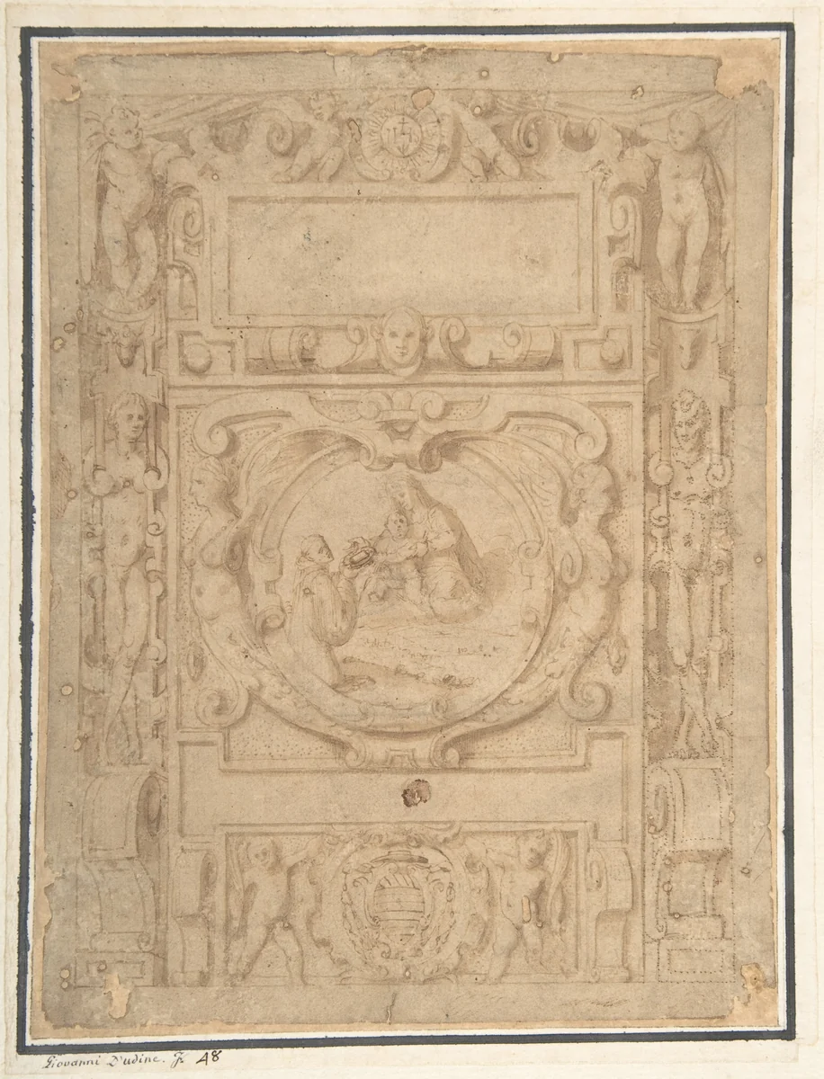 Design for a Cartouche with the "IHS" Monogram of the Society of Jesus, Putti, Fantastick Creatures, at the Borders, a Central Scene of the Virgin and Child with a Monastic Figure, and the Family Arms of a Cardinal by anonymous, drawing, 1550-1600