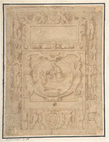 Design for a Cartouche with the "IHS" Monogram of the Society of Jesus, Putti, Fantastick Creatures, at the Borders, a Central Scene of the Virgin and Child with a Monastic Figure, and the Family Arms of a Cardinal by anonymous, drawing, 1550-1600