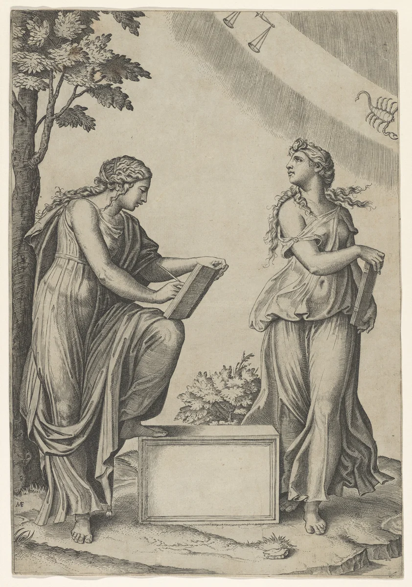 Two women of the zodiac standing beneath the signs of Libra and Scorpio by Marcantonio Raimondi, print, 1512-1522