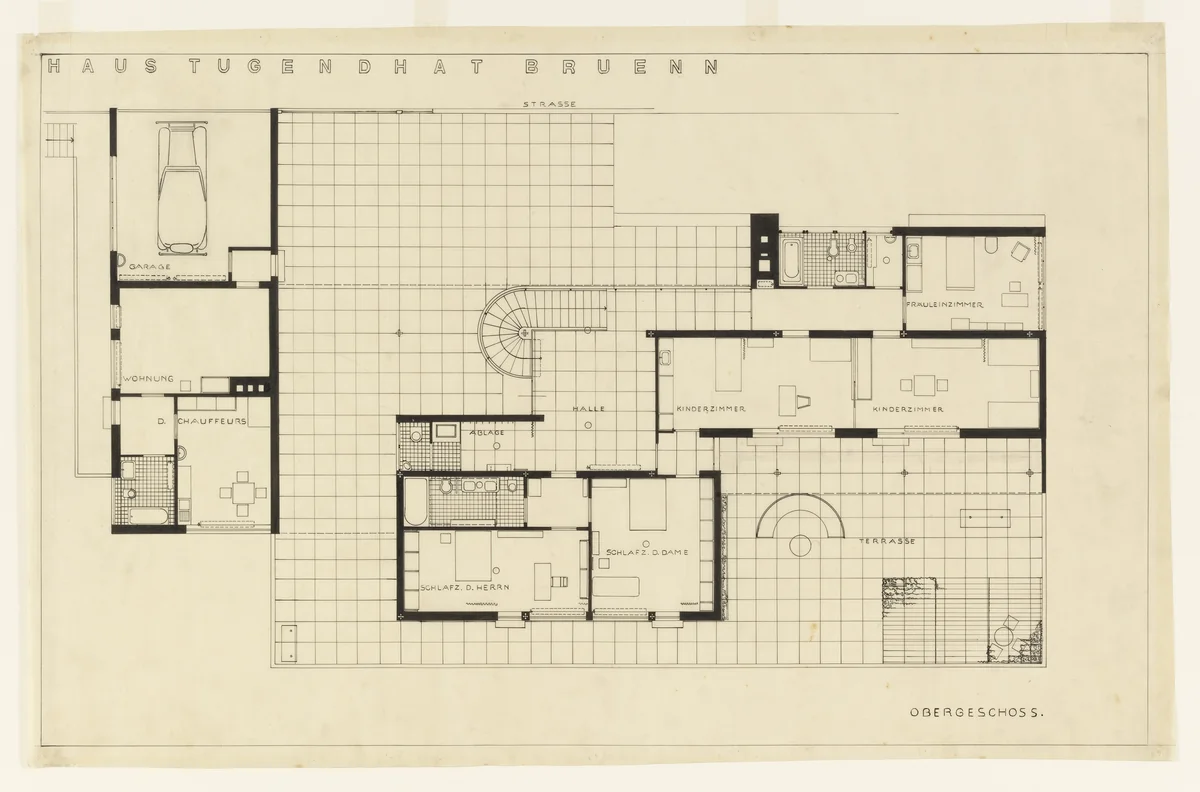 Tugendhat House, Brno, Czech Republic, Second floor plan by Ludwig Mies van der Rohe, mies van der rohe archive, 1928